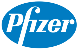 Pfizer logo in white on blue background