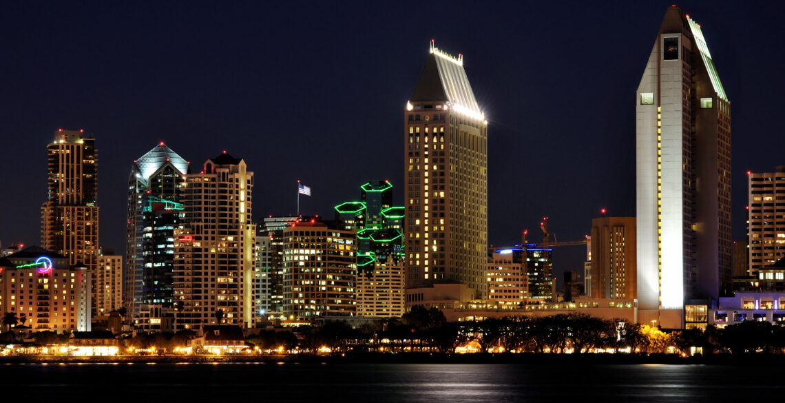 Long view of the buildings with lights